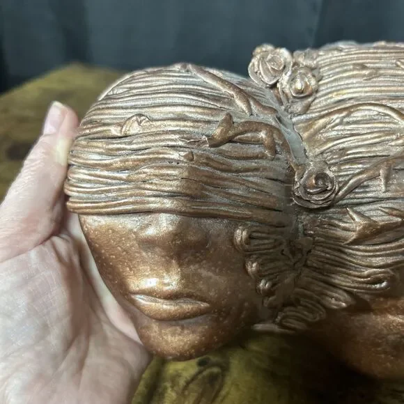 Sculptural Wall Art 3 Faces Blinded Rose Vines Hair Bronze Color Unity Entangle - Picture 3 of 11